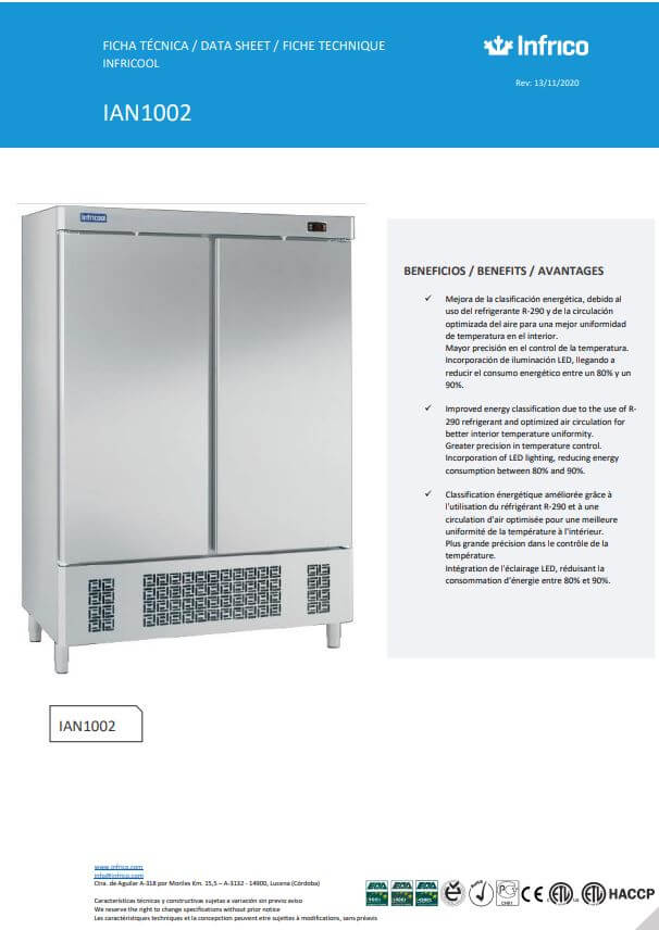 Armario de refrigeración de acero inoxidable; 2 puertas. 1100L. - Imagen 3