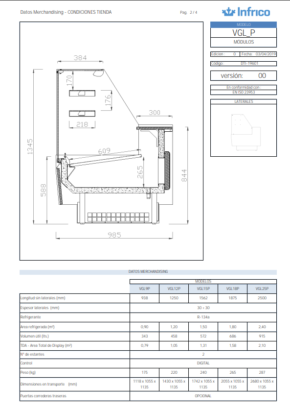 Vitrina expositora con reserva para pastelería, cristal recto, de 1,5m y 2 puertas. - Imagen 3