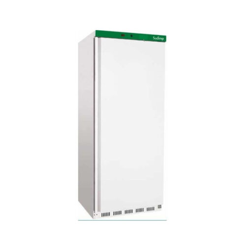Armario de refrigeración vertical con puerta ciega y recubrimiento en epoxi blanco, puerta reversible con tirador incorporado y termómetro digital.