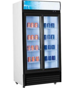 Armario expositor de refrigeración con doble puerta correderas, frío ventilado, desescarche automático y termostato digital. 