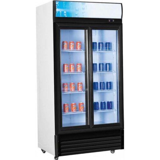 Armario expositor de refrigeración con doble puerta de cristal, frío ventilado, desescarche automático y termostato digital. 