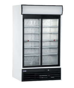 Armario expositor de refrigeración con puertas correderas con doble cristal templado, refrigeración ventilada y desescarche automático. 