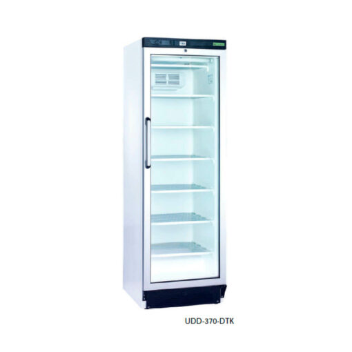 Armario expositor de congelación con puerta de cristal, frío estático con ventilador, cerradura incorporada y desescarche manual. 