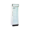 Armario expositor de refrigeración con puerta de cristal y cabezal luminoso, frío estático con ventilador, cerradura incorporada y desescarche automático.