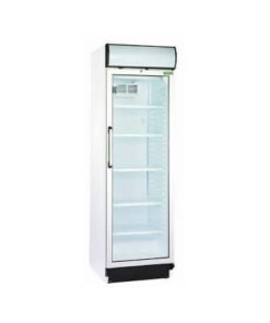 Armario expositor de refrigeración con puerta de cristal y cabezal luminoso, frío estático con ventilador, cerradura incorporada y desescarche automático. 