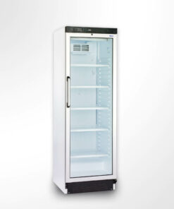 Armario expositor de refrigeración con puerta de cristal, frío estático con ventilador, cerradura incorporada y desescarche automático.
