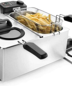 Freidora con termostato de temperatura regulable, termostato de seguridad con rearme manual y mango termo resistente,